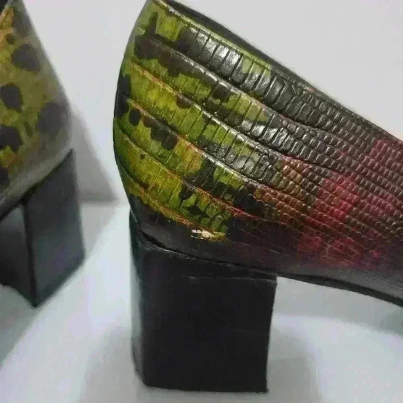 ARNOLD CHURGIN rare leather yellow/purple  block heel square toe shoe. Size 6.5 - Picture 4 of 8